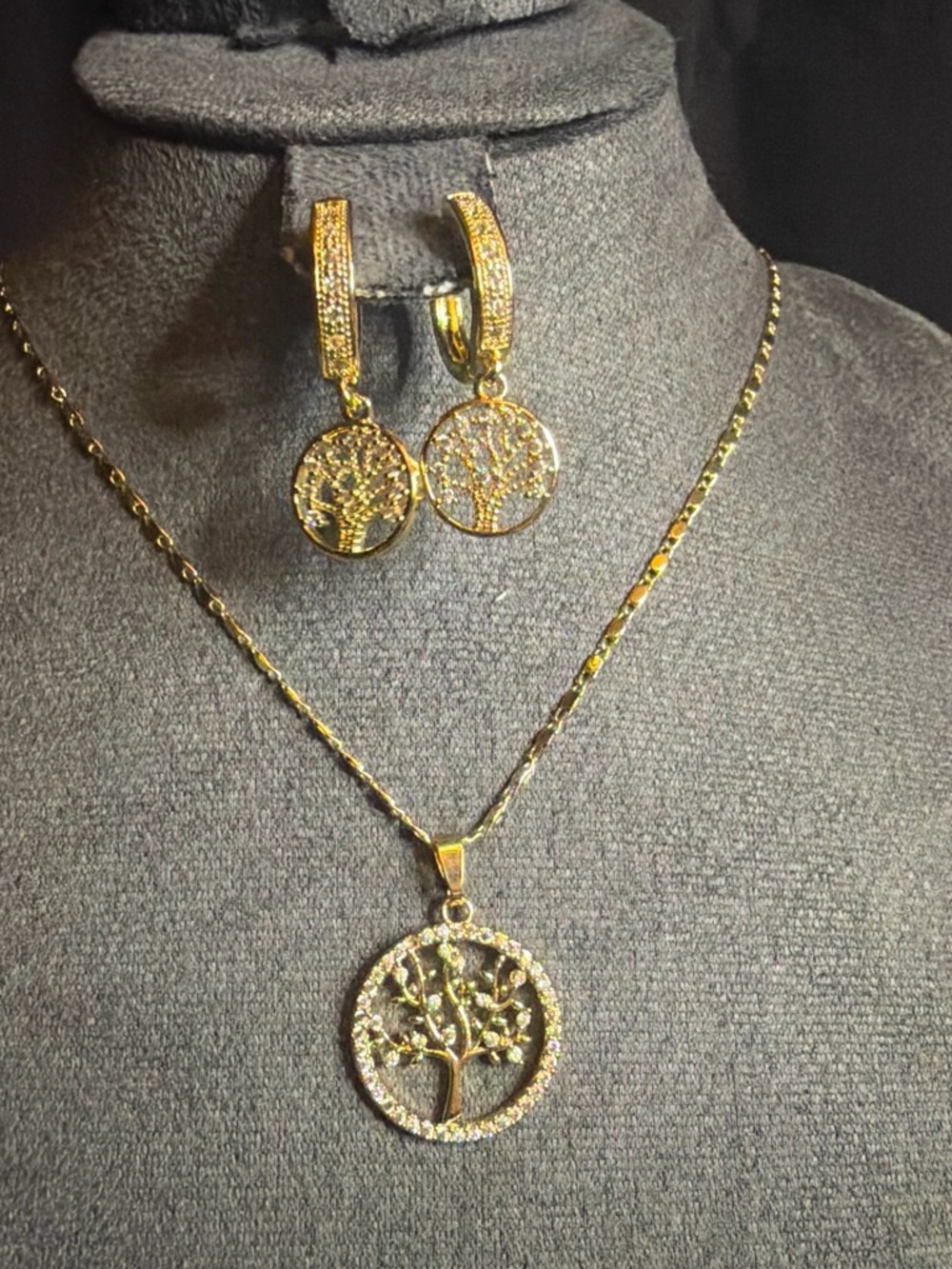 Gold Tree of Life Necklace and Hoop Earring Set - Gold